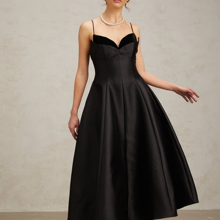Felicita Black Midi Dress V-Neck Flared Skirt Splicing Design Zip Fastening 95% Terylene 5% Spandex