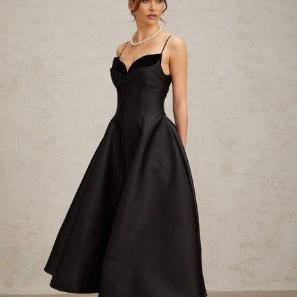Felicita Black Midi Dress with Flared Skirt and V-Neck Splicing Design