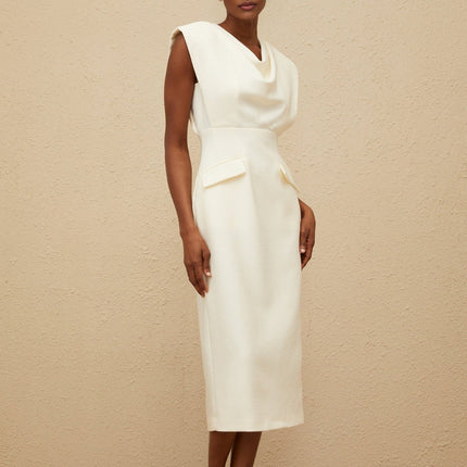 Felicity White Midi Dress with Cowl Neck and Cap Sleeves