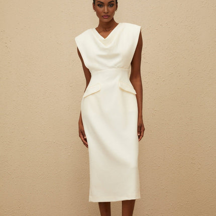 Felicity White Midi Dress with Cowl Neck and Cap Sleeves