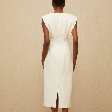Felicity White Midi Dress Cowl Neck Cap Sleeves Pencil Silhouette Faux Pocket Details Rear Slit Rear Zip Fastening 100% Terylene Fiber