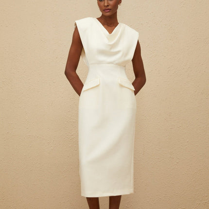 Felicity White Midi Dress with Cowl Neck and Cap Sleeves