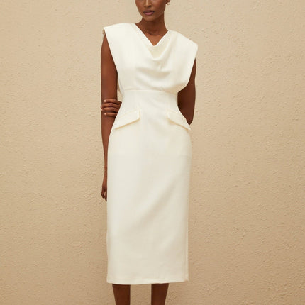 Felicity White Midi Dress with Cowl Neck and Cap Sleeves