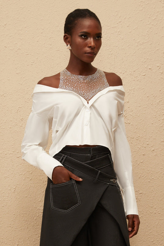 Fernande White Rhinestone Mesh Panel Shirt