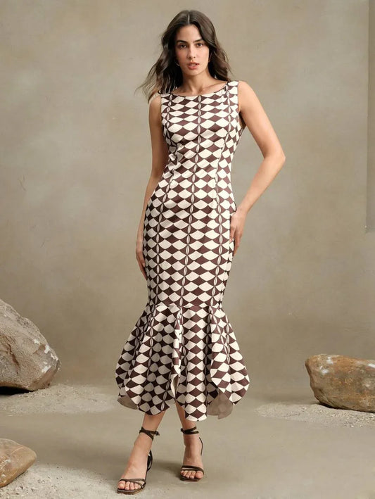 Festival Elegant Casual Vacation Old Money Style New DualColor Checkered Satin Fabric Dress