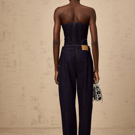 Filippa Dark Blue Denim Off-The-Shoulder Sleeveless Top with Contrast Stitching and Cinched Waist