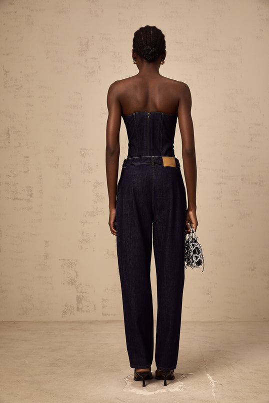 Filippa Dark Blue Denim Off-The-Shoulder Sleeveless Top with Contrast Stitching and Cinched Waist