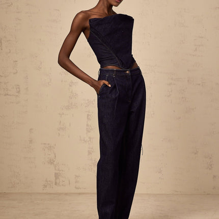Filippa Dark Blue Denim Off-the-Shoulder Sleeveless Top with Contrast Stitching and Cinched Waist