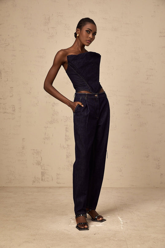 Filippa Dark Blue Denim Off-the-Shoulder Sleeveless Top with Contrast Stitching and Cinched Waist