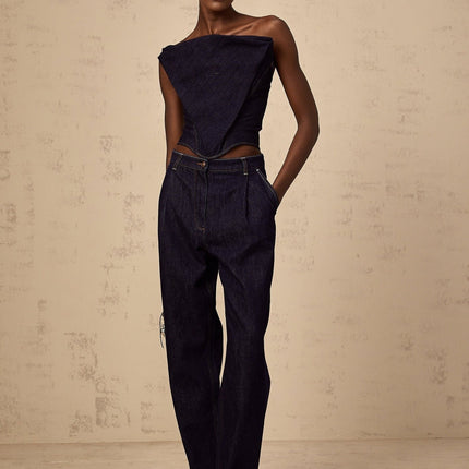 Filippa Dark Blue Denim Off-the-Shoulder Top with Contrast Stitching