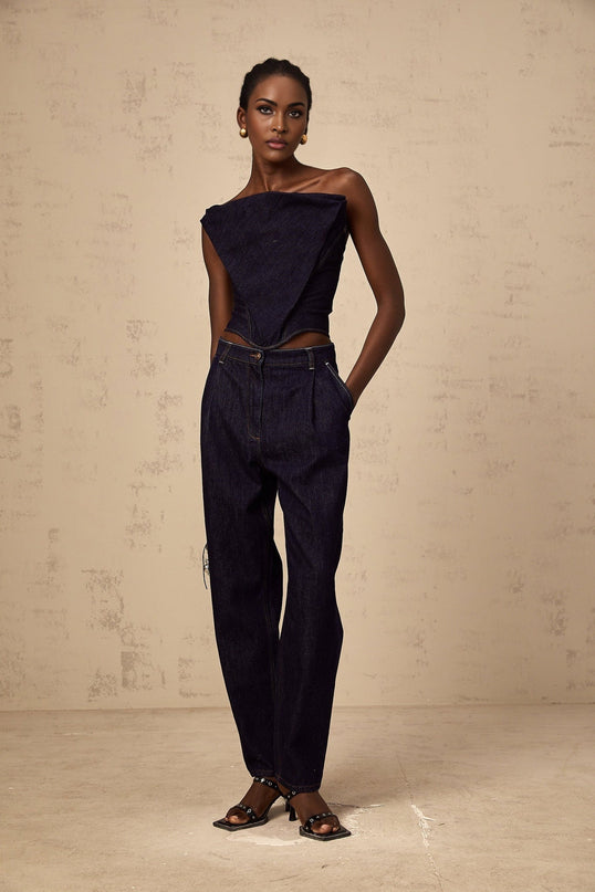 Filippa Dark Blue Denim Off-the-Shoulder Top with Contrast Stitching