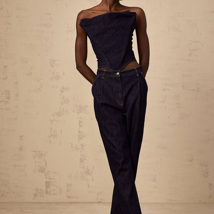 Filippa Dark Blue Denim Off-The-Shoulder Top with Contrast Stitching