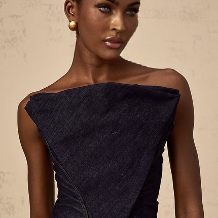 Filippa Dark Blue Denim Sleeveless Top with Off-the-Shoulder Design