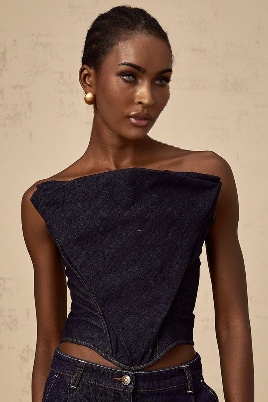 Filippa Dark Blue Denim Sleeveless Top with Off-the-Shoulder Design