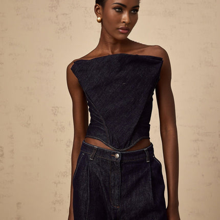Filippa Dark Blue Denim Sleeveless Top with Off-the-Shoulder Design and Contrast Stitching