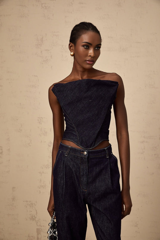 Filippa Dark Blue Denim Sleeveless Top with Off-the-Shoulder Design and Contrast Stitching
