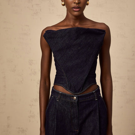 Filippa Dark Blue Denim Sleeveless Top with Off-the-Shoulder Design and Contrast Stitching