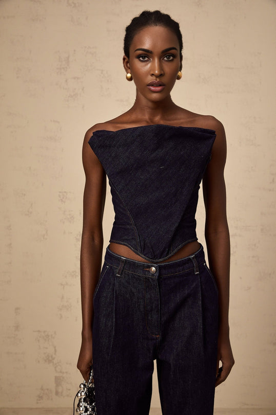Filippa Dark Blue Denim Sleeveless Top with Off-the-Shoulder Design and Contrast Stitching