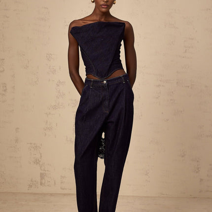 Filippa Dark Blue Denim Off-the-Shoulder Sleeveless Top with Contrast Stitching and Cinched Waist