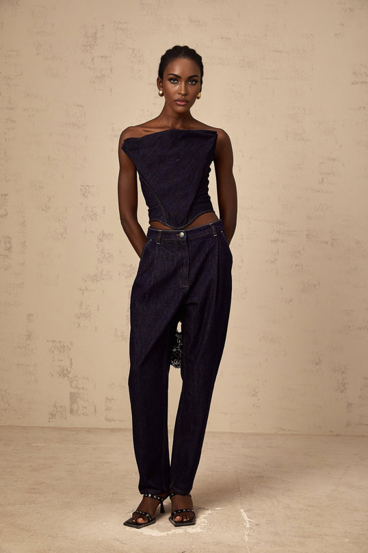 Filippa Dark Blue Denim Off-the-Shoulder Sleeveless Top with Contrast Stitching and Cinched Waist