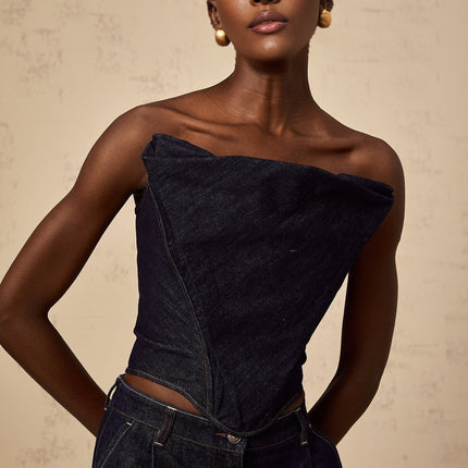 Filippa Dark Blue Denim Off-the-Shoulder Top with Contrast Stitching