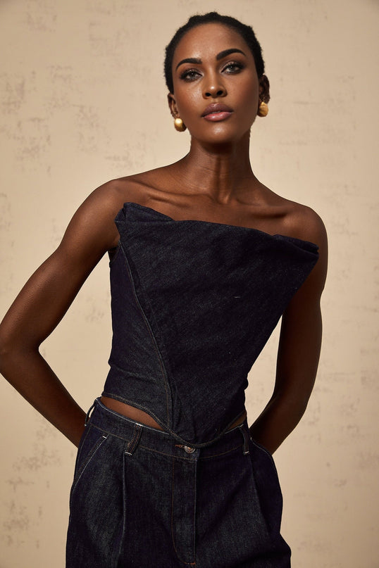 Filippa Dark Blue Denim Off-the-Shoulder Top with Contrast Stitching
