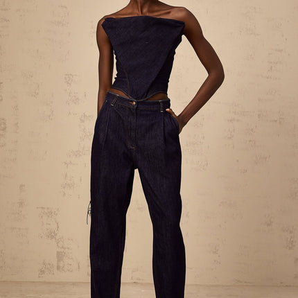 Filippa Dark Blue Denim Sleeveless Off-the-Shoulder Top with Contrast Stitching and Cinched Waist