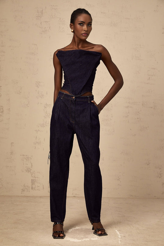 Filippa Dark Blue Denim Sleeveless Off-the-Shoulder Top with Contrast Stitching and Cinched Waist