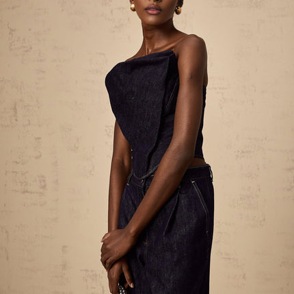 Filippa Dark Blue Denim Off-the-Shoulder Sleeveless Top with Contrast Stitching