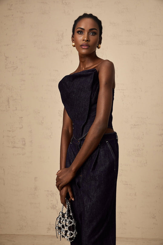 Filippa Dark Blue Denim Off-the-Shoulder Sleeveless Top with Contrast Stitching