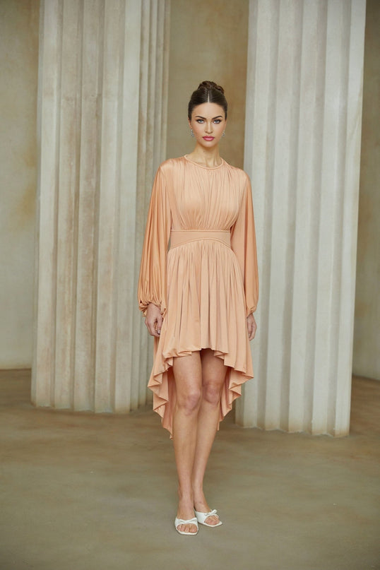 Filippa Pink Midi Dress with Long Puff Sleeves and Asymmetrical Hem