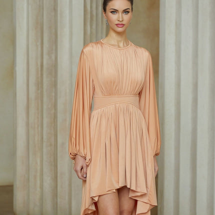 Filippa Pink Midi Dress with Puff Sleeves and Asymmetrical Hem