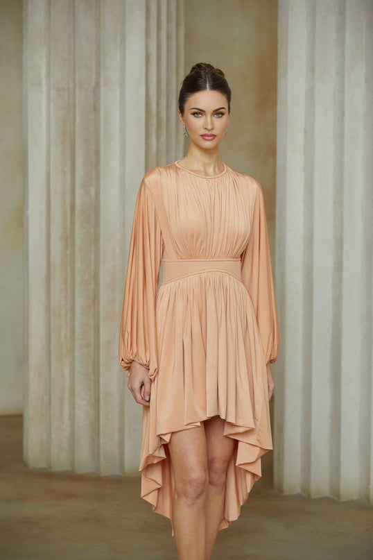 Filippa Pink Midi Dress with Puff Sleeves and Asymmetrical Hem
