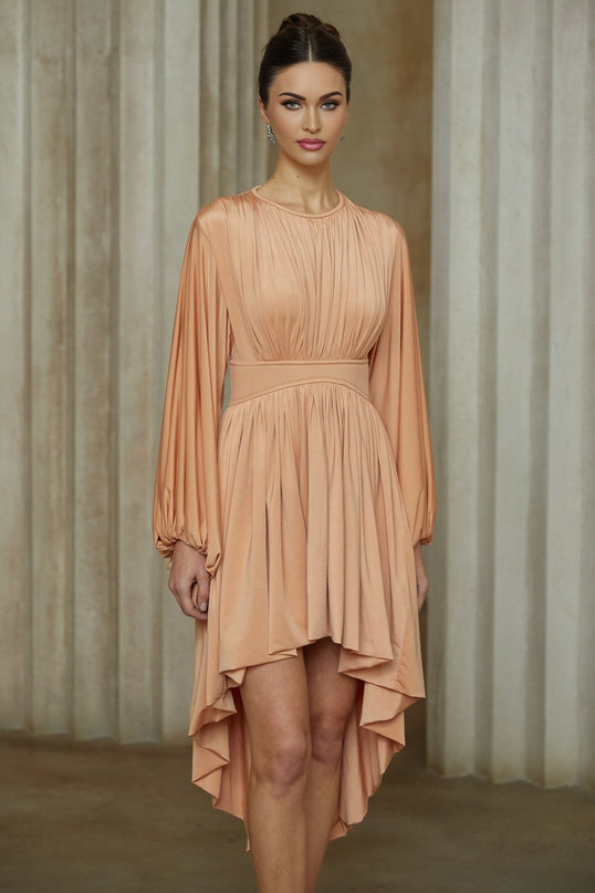 Filippa Salmon Pink Midi Dress with Puff Sleeves and Asymmetrical Hem
