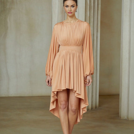 Filippa Salmon Pink Midi Dress with Puff Sleeves and Pleated Detailing