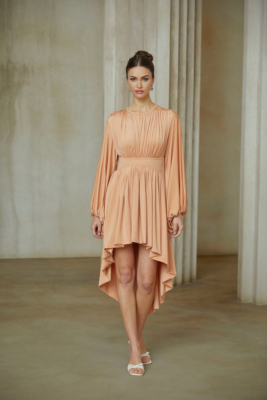Filippa Salmon Pink Midi Dress with Puff Sleeves and Pleated Detailing