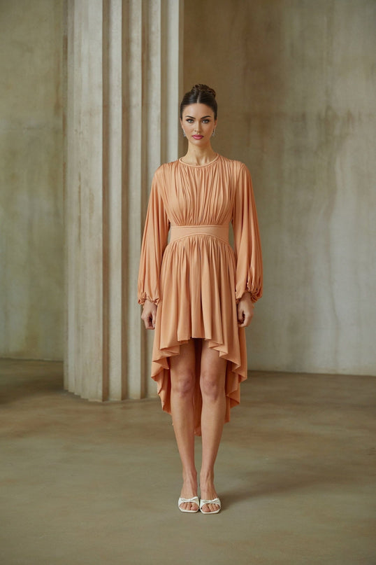 Filippa Salmon Pink Midi Dress with Puff Sleeves and Asymmetrical Hem