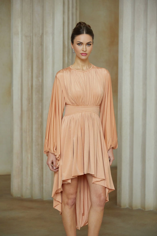 Filippa Salmon Pink Midi Dress with Puff Sleeves and Pleated Detailing
