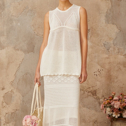 Filippa White Crochet Knit Top Skirt Set