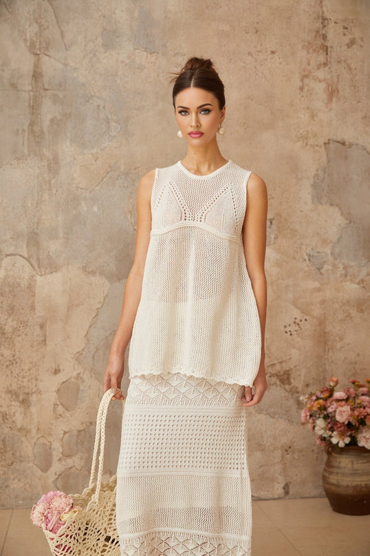 Filippa White Crochet Knit Top Skirt Set