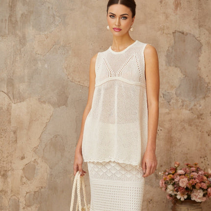 Filippa White Crochet Knit Top Skirt Set