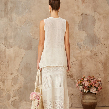 Filippa White Crochet Knit Top Skirt Set