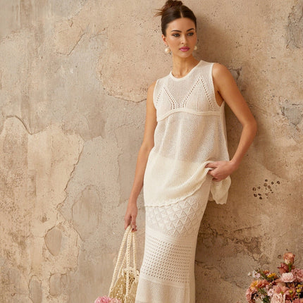 Filippa White Crochet Knit Top Skirt Set