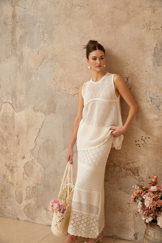 Filippa White Crochet Knit Top Skirt Set