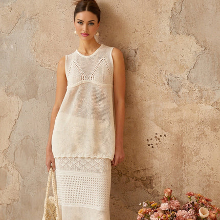 Filippa White Crochet Knit Top Skirt Set