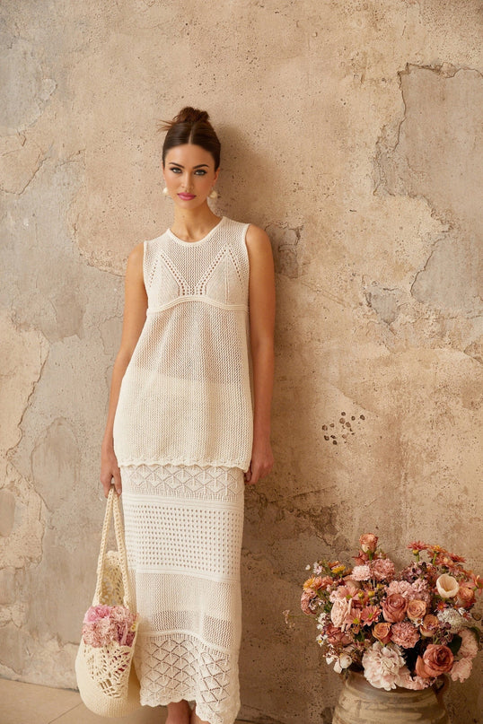 Filippa White Crochet Knit Top Skirt Set