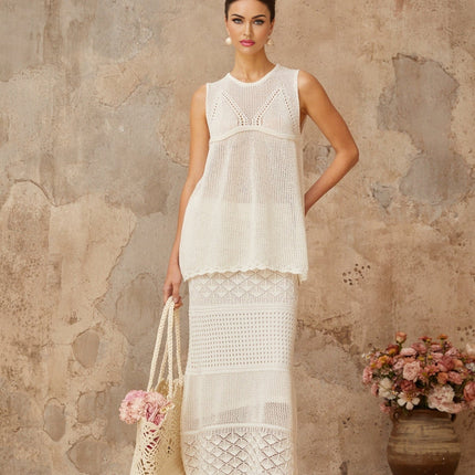 Filippa White Crochet Knit Top Skirt Set