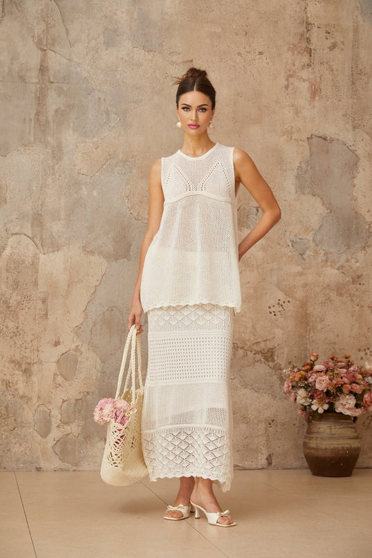 Filippa White Crochet Knit Top Skirt Set