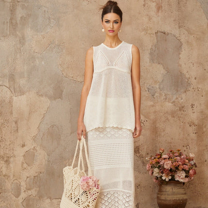 Filippa White Crochet Knit Top Skirt Set