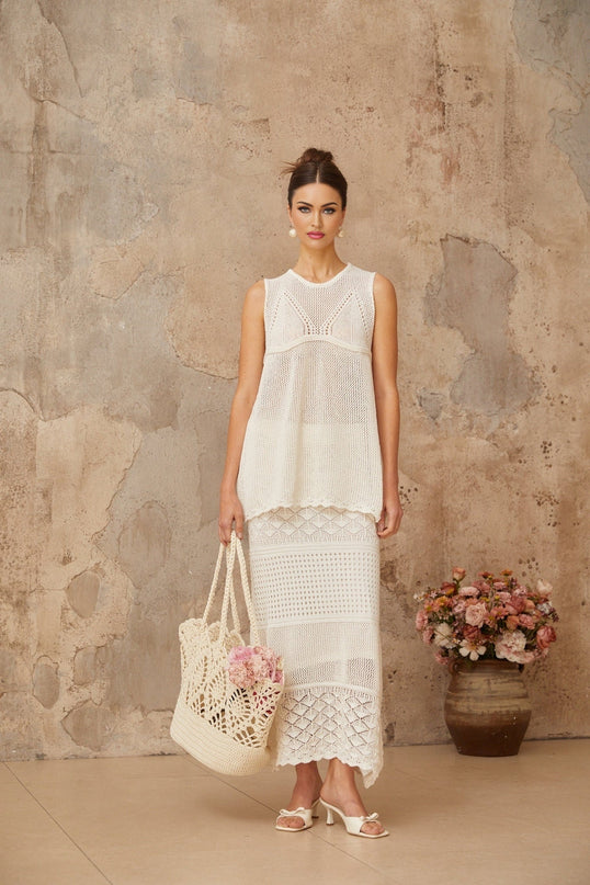 Filippa White Crochet Knit Top Skirt Set